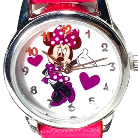 A21-NIB Minnie Mouse Silver with Pink Leather Band 3 Hand Watch - Picture 2 of 8